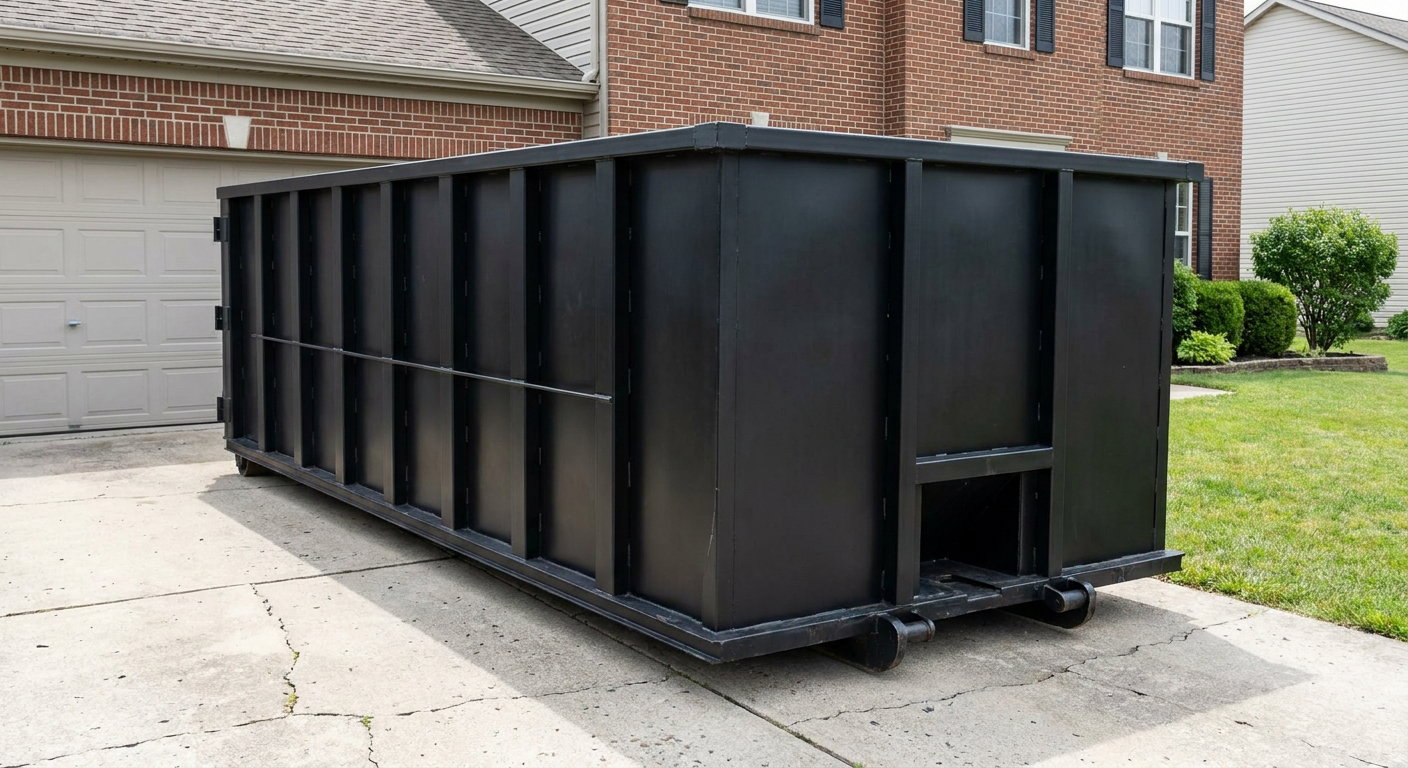 Matte-black 20-yard roll-off container on a Harrisburg residential concrete driveway with reinforced ribbed steel sidewalls and a hinged rear walk-in door, clean bright daylight.