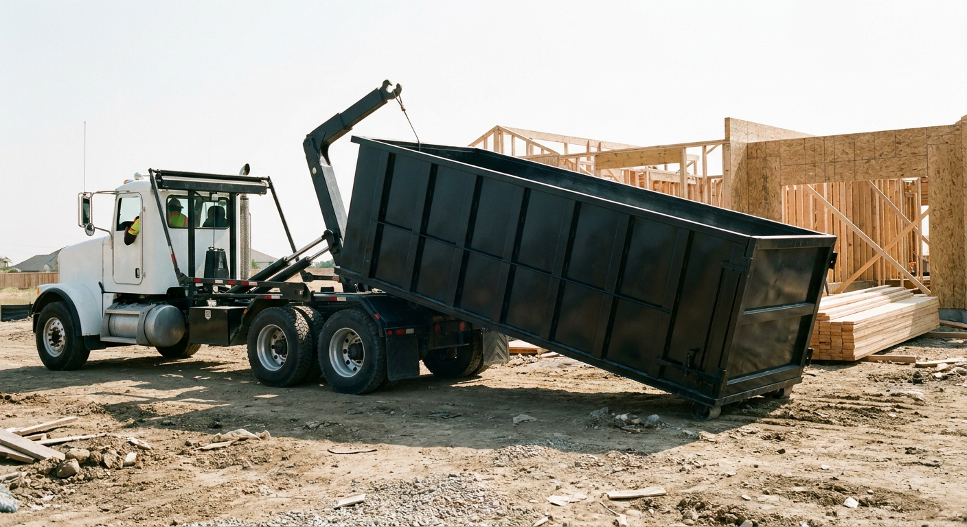 Matte-black roll-off dumpster being delivered onto a clean residential concrete driveway in Harrisburg by an unmarked white hooklift hauler truck, bright morning daylight, documentary 35mm perspective.